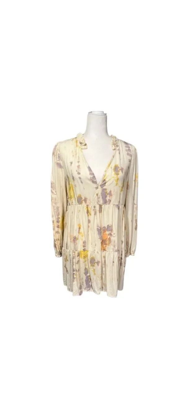 True Craft ruffled neck cream tie-dye long sleeve  babydoll dress - S